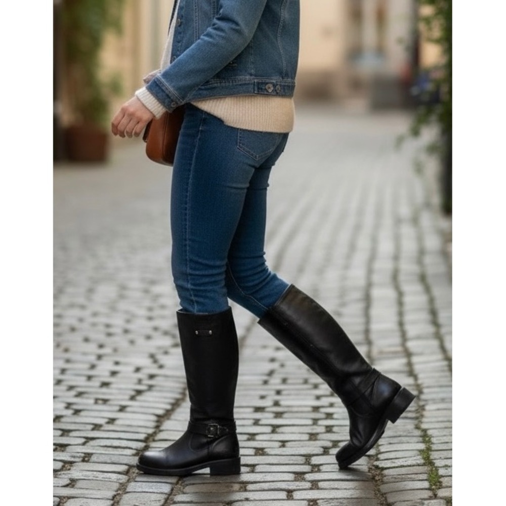 Crown Vintage Reny Boot Engineer Biker Harness Black Leather Tall Women's 11